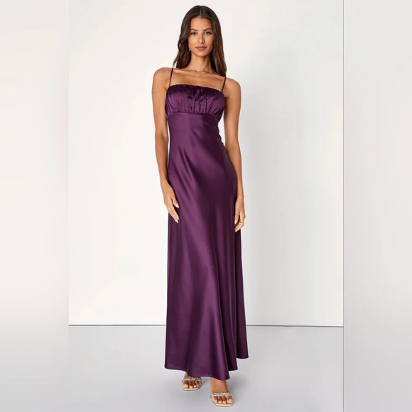 Lulus Romantic Excellence Plum Purple Satin Backless Maxi Dress L Wedding Party - Picture 2 of 10